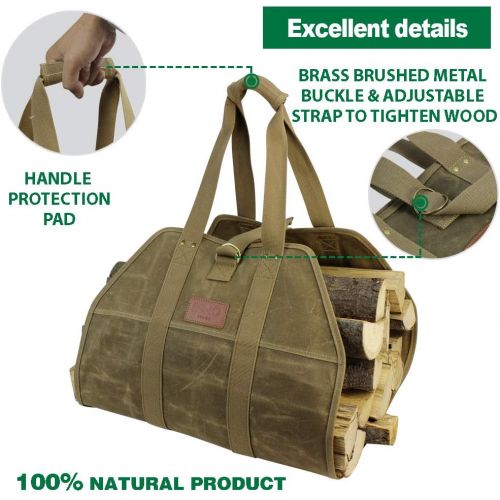  INNO STAGE Fire Wood Log Carrier Tote Bag, Waxed Canvas Hay Hauling for Fireplace, Round Woodpile Carrying for Tubular Stand by Hearth Stove or Outdoor Camping