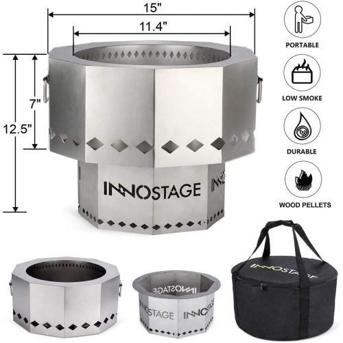  INNO STAGE Stainless Fire Pit with Portable Carrying Storage Bag, Patented Smoke Free Firepit Bowl for Wood Pellet with Stand for Outdoor Campfire Flame or Bonfire BBQ on Patio Gar
