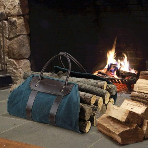  INNO STAGE Canvas Log Carrier Bag, Waxed Durable Wood Tote, Fireplace Stove Accessories, Extra Large Firewood Holder with Handles for Camping, Hay Carrier Tote(Dark Blue)