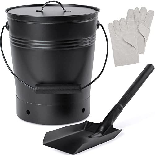  INNO STAGE 2.3 Gallon Ash Bucket with Lid and Wood Handle Coal Shovel, Ash Carrier Pail Fireplace Tools,Fire Pit,Wood Burning Stove Black (with Gloves)