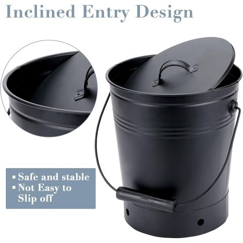  INNO STAGE 2.3 Gallon Ash Bucket with Lid and Wood Handle Coal Shovel, Ash Carrier Pail Fireplace Tools,Fire Pit,Wood Burning Stove Black (with Gloves)