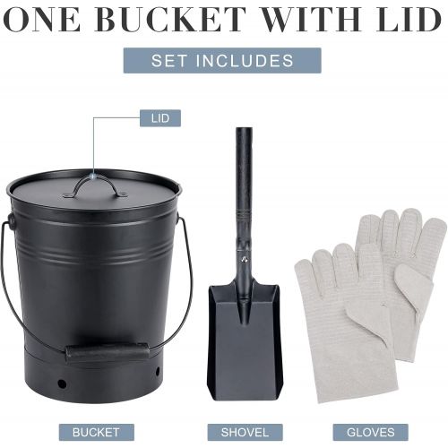  INNO STAGE 2.3 Gallon Ash Bucket with Lid and Wood Handle Coal Shovel, Ash Carrier Pail Fireplace Tools,Fire Pit,Wood Burning Stove Black (with Gloves)