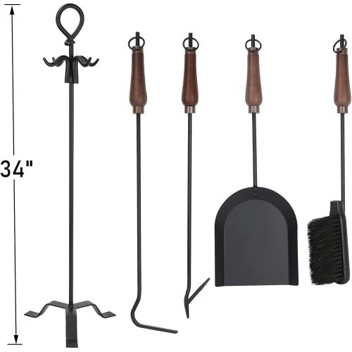  INNO STAGE 5 Pcs Fireplace Tools Sets Wooden Handle Wrought Iron Tool and Holder Outdoor Fireset Fire Pit Stand Rustic Tongs Shovel Brush Chimney Poker Wood Stove Hearth Accessorie