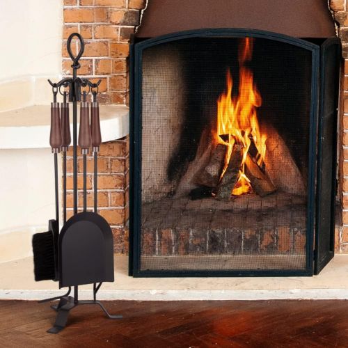  INNO STAGE 5 Pcs Fireplace Tools Sets Wooden Handle Wrought Iron Tool and Holder Outdoor Fireset Fire Pit Stand Rustic Tongs Shovel Brush Chimney Poker Wood Stove Hearth Accessorie