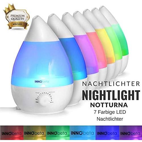  InnoBeta Waterdrop 2,4 Liter Ultraschall Luftbefeuchter Cool Mist mit Filter fuer Babys, Kinder, Die Ganze Nacht Hindurch, Leise, Automatische Ausschaltung,langlebig, 7-farbige LED-