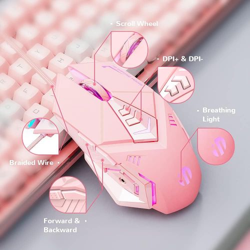 INPHIC Pink Gaming Mouse. USB Optical Wired?Mouse. RGB Backlight. 4 Levels Adjustable DPI up to 4800. Silent Click, Ergonomic?and 7 programmable Buttons?Design. PC Gaming Mice?for