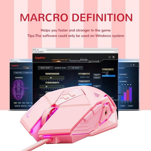  INPHIC Pink Gaming Mouse. USB Optical Wired?Mouse. RGB Backlight. 4 Levels Adjustable DPI up to 4800. Silent Click, Ergonomic?and 7 programmable Buttons?Design. PC Gaming Mice?for