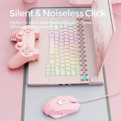  INPHIC Pink Gaming Mouse. USB Optical Wired?Mouse. RGB Backlight. 4 Levels Adjustable DPI up to 4800. Silent Click, Ergonomic?and 7 programmable Buttons?Design. PC Gaming Mice?for