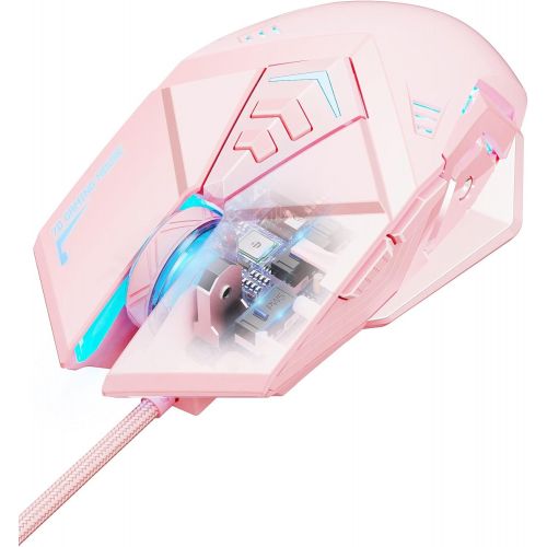  INPHIC Pink Gaming Mouse. USB Optical Wired?Mouse. RGB Backlight. 4 Levels Adjustable DPI up to 4800. Silent Click, Ergonomic?and 7 programmable Buttons?Design. PC Gaming Mice?for