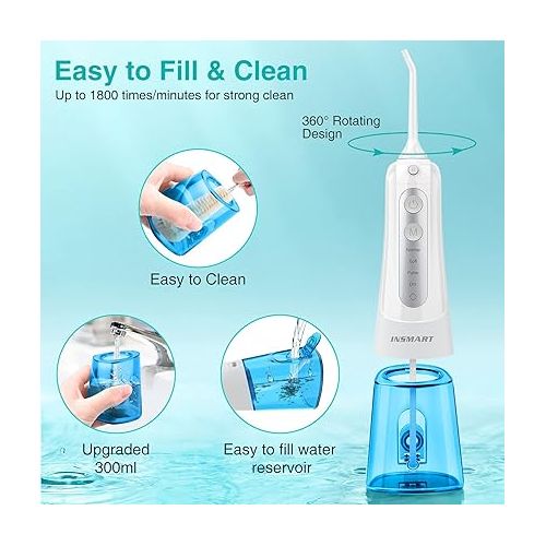  Cordless Water Dental Flosser Teeth Cleaner, INSMART Professional 300ML Tank DIY Mode USB Rechargeable Dental Oral Irrigator for Home and Travel, IPX7 Waterproof 4 Modes Irrigate for Oral Care