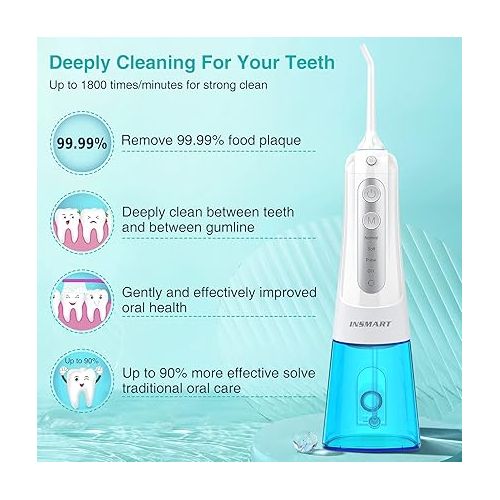  Cordless Water Dental Flosser Teeth Cleaner, INSMART Professional 300ML Tank DIY Mode USB Rechargeable Dental Oral Irrigator for Home and Travel, IPX7 Waterproof 4 Modes Irrigate for Oral Care
