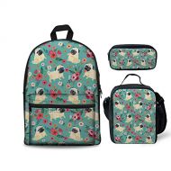 INSTANTARTS Floral Pug School Backpack Pencil Case Lunchbox 3 Piece/Set Blue