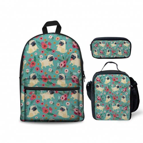  INSTANTARTS Floral Pug School Backpack Pencil Case Lunchbox 3 Piece/Set Blue