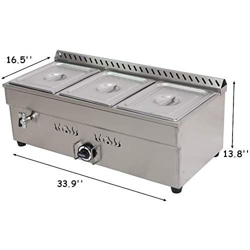  INTBUYING LP GAS Food Soup Warmer Stove Bain Marie Commercial Canteen Buffet Steam Heater Stainless Steel 12x8.7x4Pan-3 Pan