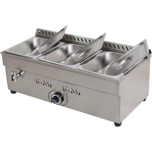  INTBUYING LP GAS Food Soup Warmer Stove Bain Marie Commercial Canteen Buffet Steam Heater Stainless Steel 12x8.7x4Pan-3 Pan