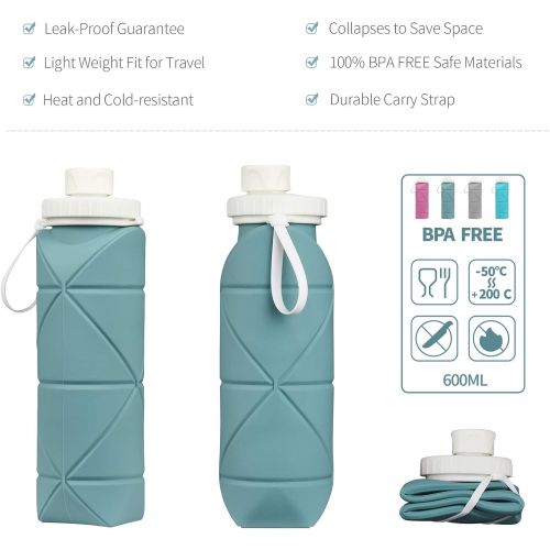  Silicone Collapsible Portable Reuseable Leak Proof Water Bottles Cups-Pocket Size Travel Bottles for Gym Running Cycling[600ML/20.3oz] -INTEREPRO