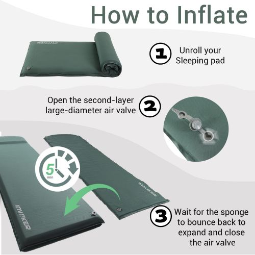  INVOKER Camping Sleeping pad ? 3inch UltraThick Memory Foam Self Inflating Camping Mat with Pillow Fast Inflating in 25s for Backpacking Traveling and Hiking Air Mattress ? Lightwe