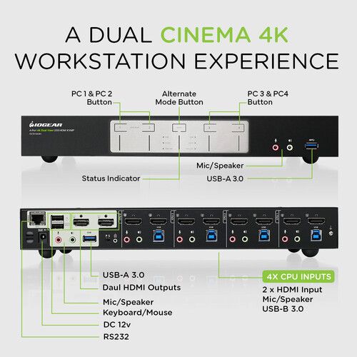  IOGEAR 4-Port 4K Dual View HDMI KVMP Switch with USB Hub and Audio (TAA)