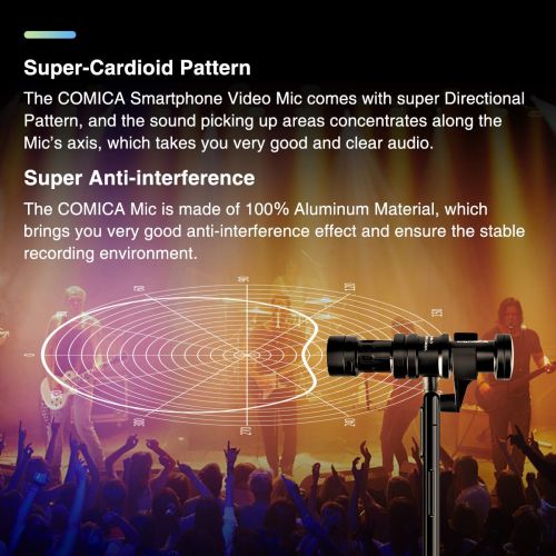  Comica comica CVM-VS08 Cardioid Condenser Directional Shotgun Microphone for iOS and Android Smartphone, Full Metal Aluminum Housing with Wind Muff
