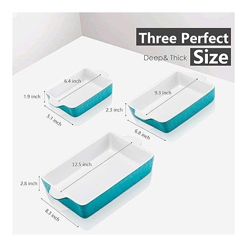  IPOW 3 Pack Casserole Dish Bakeware Set [Large&Deep], Ceramic Baking Dishes for Oven, to Table Plate Pan for Lasagna&Chicken Baking Cooking, Gift for wedding Party, Turquoise