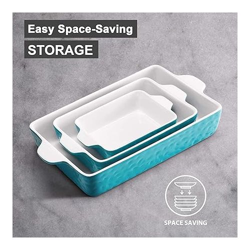  IPOW 3 Pack Casserole Dish Bakeware Set [Large&Deep], Ceramic Baking Dishes for Oven, to Table Plate Pan for Lasagna&Chicken Baking Cooking, Gift for wedding Party, Turquoise