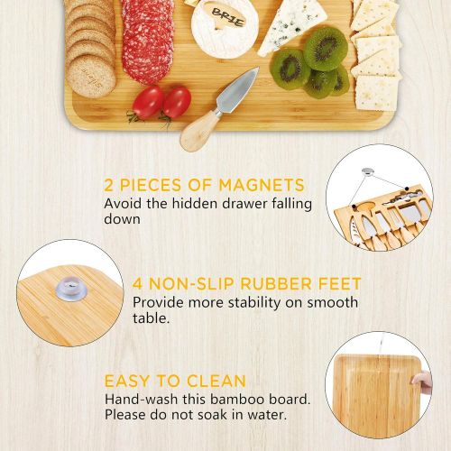  [아마존베스트]IPOW Cheese Board and Knife Set, Premium Bamboo Charcuterie Cheese Platter Cutting Board for Cheese Lovers Family Gatherings, Best Gift for Wedding Christmas Housewarming Bridal Sh