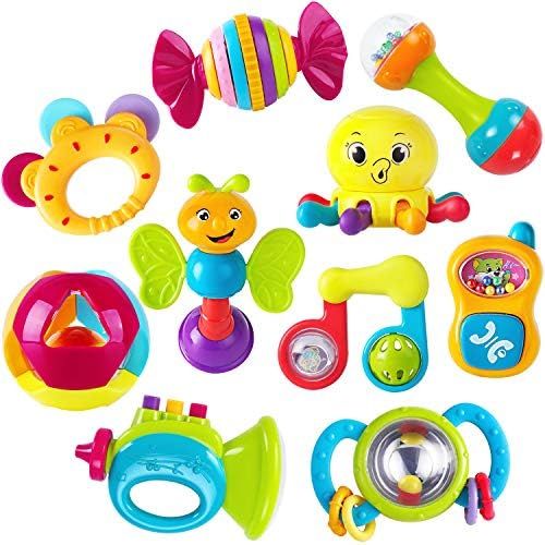  [아마존베스트]IPlay, iPlay, iLearn 10pcs Baby Rattles Teether, Shaker, Grab and Spin Rattle, Musical Toy Set, Early Educational Toys for 3, 6, 9, 12 Month Baby Infant, Newborn
