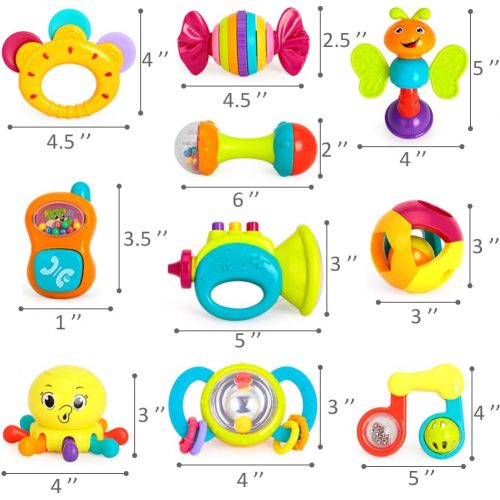  [아마존베스트]IPlay, iPlay, iLearn 10pcs Baby Rattles Teether, Shaker, Grab and Spin Rattle, Musical Toy Set, Early Educational Toys for 3, 6, 9, 12 Month Baby Infant, Newborn