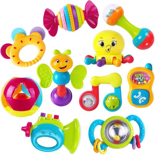  [아마존베스트]IPlay, iPlay, iLearn 10pcs Baby Rattles Teether, Shaker, Grab and Spin Rattle, Musical Toy Set, Early Educational Toys for 3, 6, 9, 12 Month Baby Infant, Newborn