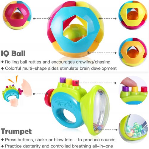  [아마존베스트]IPlay, iPlay, iLearn 10pcs Baby Rattles Teether, Shaker, Grab and Spin Rattle, Musical Toy Set, Early Educational Toys for 3, 6, 9, 12 Month Baby Infant, Newborn