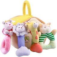 [아마존베스트]IPlay, iPlay, iLearn 4 Plush Baby Soft Rattles Set, Developmental Toy w/ Hand Grip, Natural Cotton Teether and Shaker, Cute Stuffed Animals w/ Sounds for 3, 6, 9, 10, 12 Month, Newborn, I