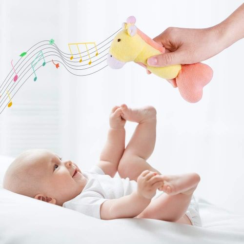  [아마존베스트]IPlay, iPlay, iLearn 4 Plush Baby Soft Rattles Set, Developmental Toy w/ Hand Grip, Natural Cotton Teether and Shaker, Cute Stuffed Animals w/ Sounds for 3, 6, 9, 10, 12 Month, Newborn, I