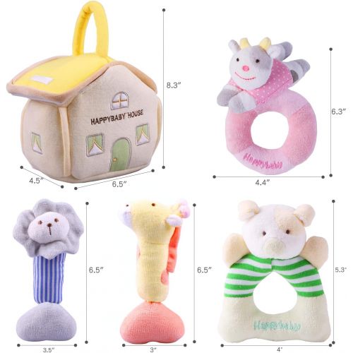  [아마존베스트]IPlay, iPlay, iLearn 4 Plush Baby Soft Rattles Set, Developmental Toy w/ Hand Grip, Natural Cotton Teether and Shaker, Cute Stuffed Animals w/ Sounds for 3, 6, 9, 10, 12 Month, Newborn, I