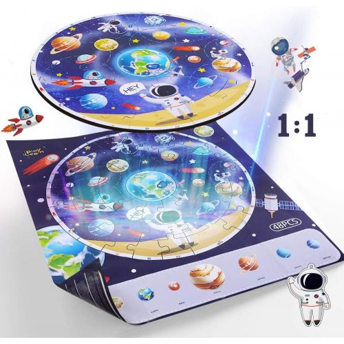 [아마존베스트]IPlay, iPlay, iLearn Wooden Solar System Jigsaw Puzzles, Circular Floor Puzzle, Planets Learning Toy, Large Space Ships. Educational Children Gifts for 2 3 4 5 6 7 Year Olds Kids, Boys, G