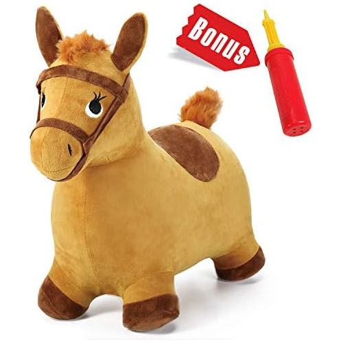  [아마존베스트]IPlay, iPlay, iLearn Yellow Hopping Horse, Outdoors Ride On Bouncy Animal Play Toys, Inflatable Hopper Plush Covered with Pump, Activities Gift for 3, 4, 5 Year Old Kids Toddlers Boys Gir