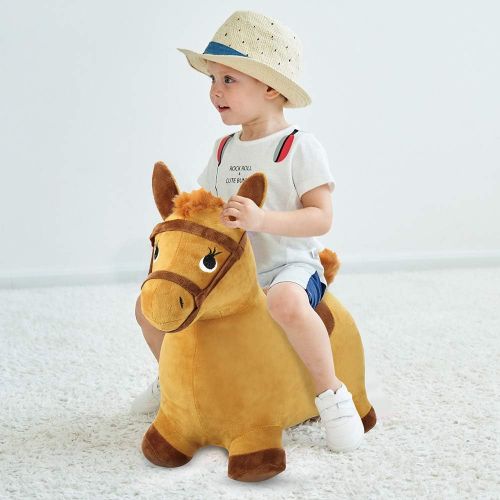  [아마존베스트]IPlay, iPlay, iLearn Yellow Hopping Horse, Outdoors Ride On Bouncy Animal Play Toys, Inflatable Hopper Plush Covered with Pump, Activities Gift for 3, 4, 5 Year Old Kids Toddlers Boys Gir