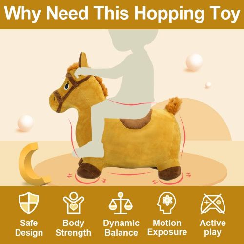  [아마존베스트]IPlay, iPlay, iLearn Yellow Hopping Horse, Outdoors Ride On Bouncy Animal Play Toys, Inflatable Hopper Plush Covered with Pump, Activities Gift for 3, 4, 5 Year Old Kids Toddlers Boys Gir