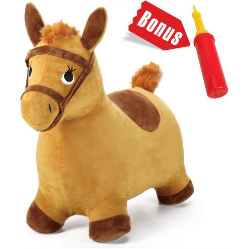  [아마존베스트]IPlay, iPlay, iLearn Yellow Hopping Horse, Outdoors Ride On Bouncy Animal Play Toys, Inflatable Hopper Plush Covered with Pump, Activities Gift for 3, 4, 5 Year Old Kids Toddlers Boys Gir