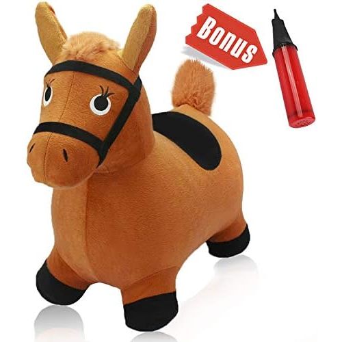  [아마존베스트]IPlay, iPlay, iLearn Brown Hopping Horse Activity Toy, Outdoors Ride on Bouncy Animal Play Toys, Inflatable Hopper Plush Covered with Pump, Jumping Gifts for 3, 4, 5 Year Olds, Kids Toddl