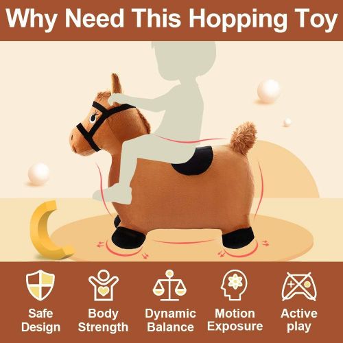  [아마존베스트]IPlay, iPlay, iLearn Brown Hopping Horse Activity Toy, Outdoors Ride on Bouncy Animal Play Toys, Inflatable Hopper Plush Covered with Pump, Jumping Gifts for 3, 4, 5 Year Olds, Kids Toddl