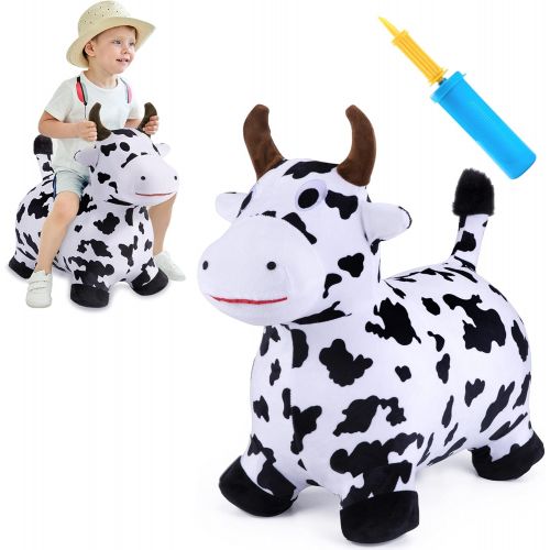  iPlay, iLearn Cow Hopping Horse, Outdoors Ride On Bouncy Animal Play Toys, Inflatable Hopper Plush Covered with Pump, Activities Gift for 18 Months, 2, 3, 4, 5 Year Old Kids Toddle