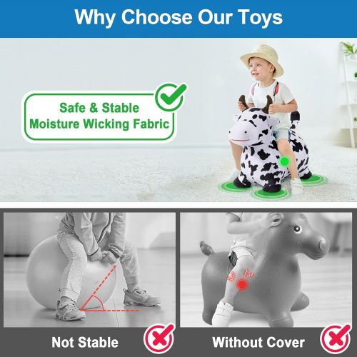  iPlay, iLearn Cow Hopping Horse, Outdoors Ride On Bouncy Animal Play Toys, Inflatable Hopper Plush Covered with Pump, Activities Gift for 18 Months, 2, 3, 4, 5 Year Old Kids Toddle