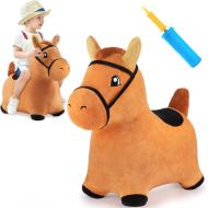 iPlay, iLearn Brown Hopping Horse Activity Toy, Outdoors Ride on Bouncy Animal Play Toys, Inflatable Hopper Plush Covered with Pump, Jumping Gifts for 3, 4, 5 Year Olds, Kids Toddl