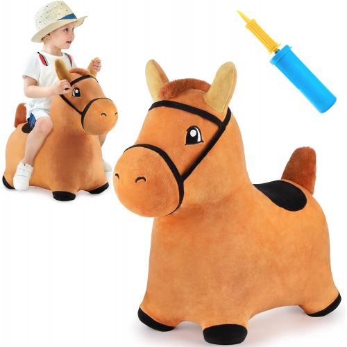  iPlay, iLearn Brown Hopping Horse Activity Toy, Outdoors Ride on Bouncy Animal Play Toys, Inflatable Hopper Plush Covered with Pump, Jumping Gifts for 3, 4, 5 Year Olds, Kids Toddl
