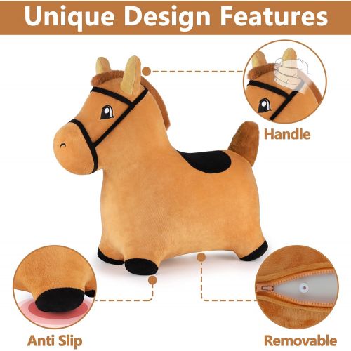  iPlay, iLearn Brown Hopping Horse Activity Toy, Outdoors Ride on Bouncy Animal Play Toys, Inflatable Hopper Plush Covered with Pump, Jumping Gifts for 3, 4, 5 Year Olds, Kids Toddl