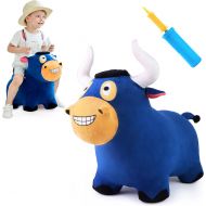 iPlay, iLearn Bouncy Bull Plush Riding Hopper Horse, Inflatable Hopping Farm Animals, Indoor Outdoor Ride on Toy, Toddler Bouncer Jumping Gift W/ Pump for 18 24 Month 2 3 4 5 Year