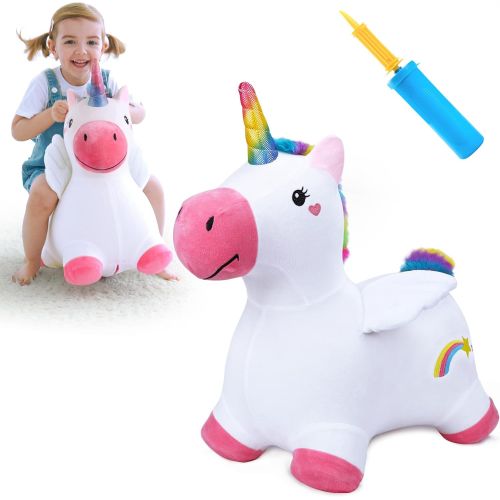  iPlay, iLearn Unicorn Bouncy Horse Plush, Outdoors n Indoors Ride On Hopping Animal Toys, Inflatable Hopper, Unique Activity Riding Gifts for 18 Months, 2, 3, 4, Year Olds Kids Tod