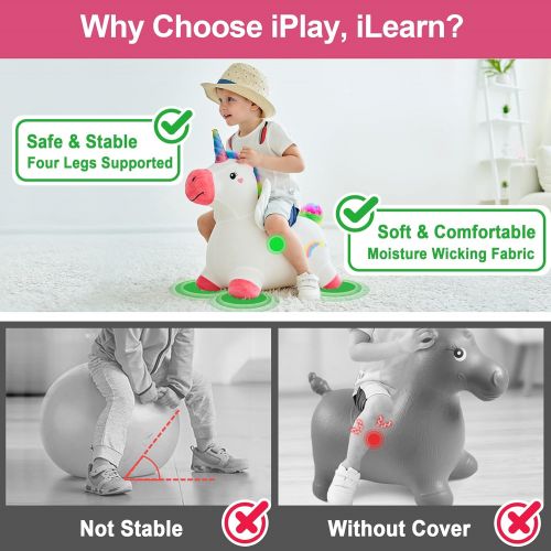  iPlay, iLearn Unicorn Bouncy Horse Plush, Outdoors n Indoors Ride On Hopping Animal Toys, Inflatable Hopper, Unique Activity Riding Gifts for 18 Months, 2, 3, 4, Year Olds Kids Tod