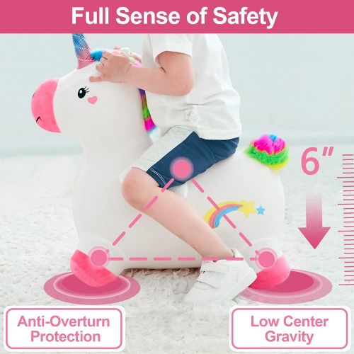  iPlay, iLearn Unicorn Bouncy Horse Plush, Outdoors n Indoors Ride On Hopping Animal Toys, Inflatable Hopper, Unique Activity Riding Gifts for 18 Months, 2, 3, 4, Year Olds Kids Tod