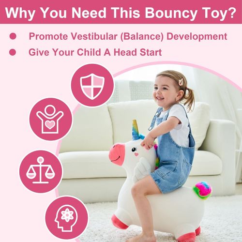  iPlay, iLearn Unicorn Bouncy Horse Plush, Outdoors n Indoors Ride On Hopping Animal Toys, Inflatable Hopper, Unique Activity Riding Gifts for 18 Months, 2, 3, 4, Year Olds Kids Tod